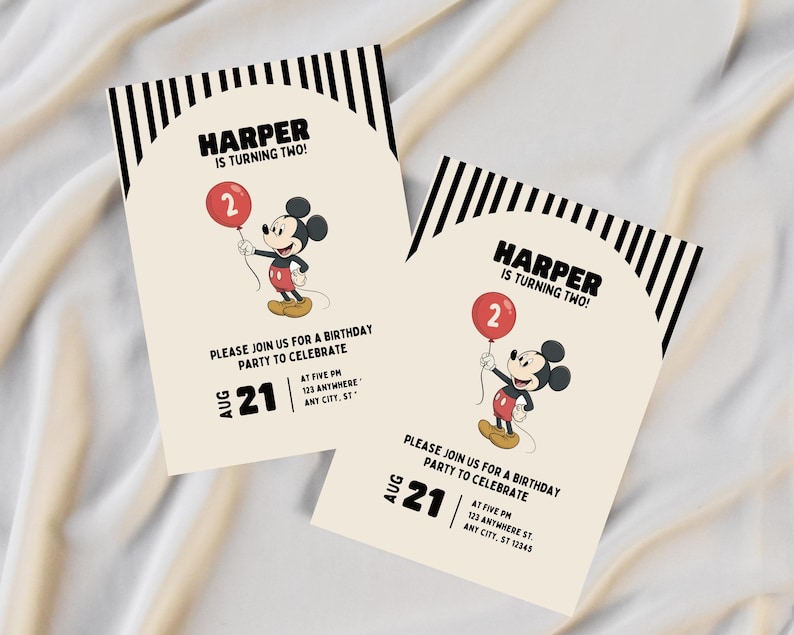 May include: Two birthday party invitations featuring Mickey Mouse holding a red balloon. The invitations have black and white striped borders and include the text "HARPER IS TURNING TWO!" and party details.