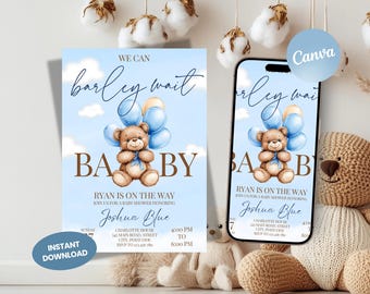 Editable Brown Bear Balloon Baby Shower Invitation, We Can Bearly Wait Baby Shower Invite, Blue Boy Boho Bear Baby Shower, Instant Download