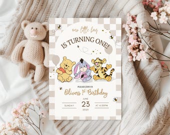 Winnie the Pooh Birthday Invitation, Winnie The Pooh Neutral Invite, 1st Birthday Invite Vintage Pooh Bear Invite, Instant Download