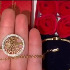 May include: A gold necklace with a tree of life pendant and a matching gold bracelet. The necklace and bracelet are in a red box with a white background. The box is filled with red roses.