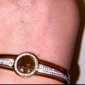 May include: A gold bangle bracelet with a clear crystal design and a round, gold charm featuring a tree design.