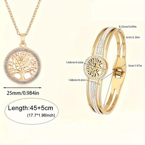 Halskette und Armband mit Anhänger „Baum des Lebens“, 18 Karat vergoldet, mit Titan überzogen, mit Strasssteinen,  2-teiliges Set