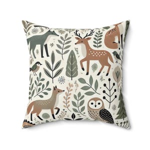 Nordic Forest Whimsy, Nature-Inspired Square Pillow, Nordic , Animal and Woodland, Minimalist Folk Art
