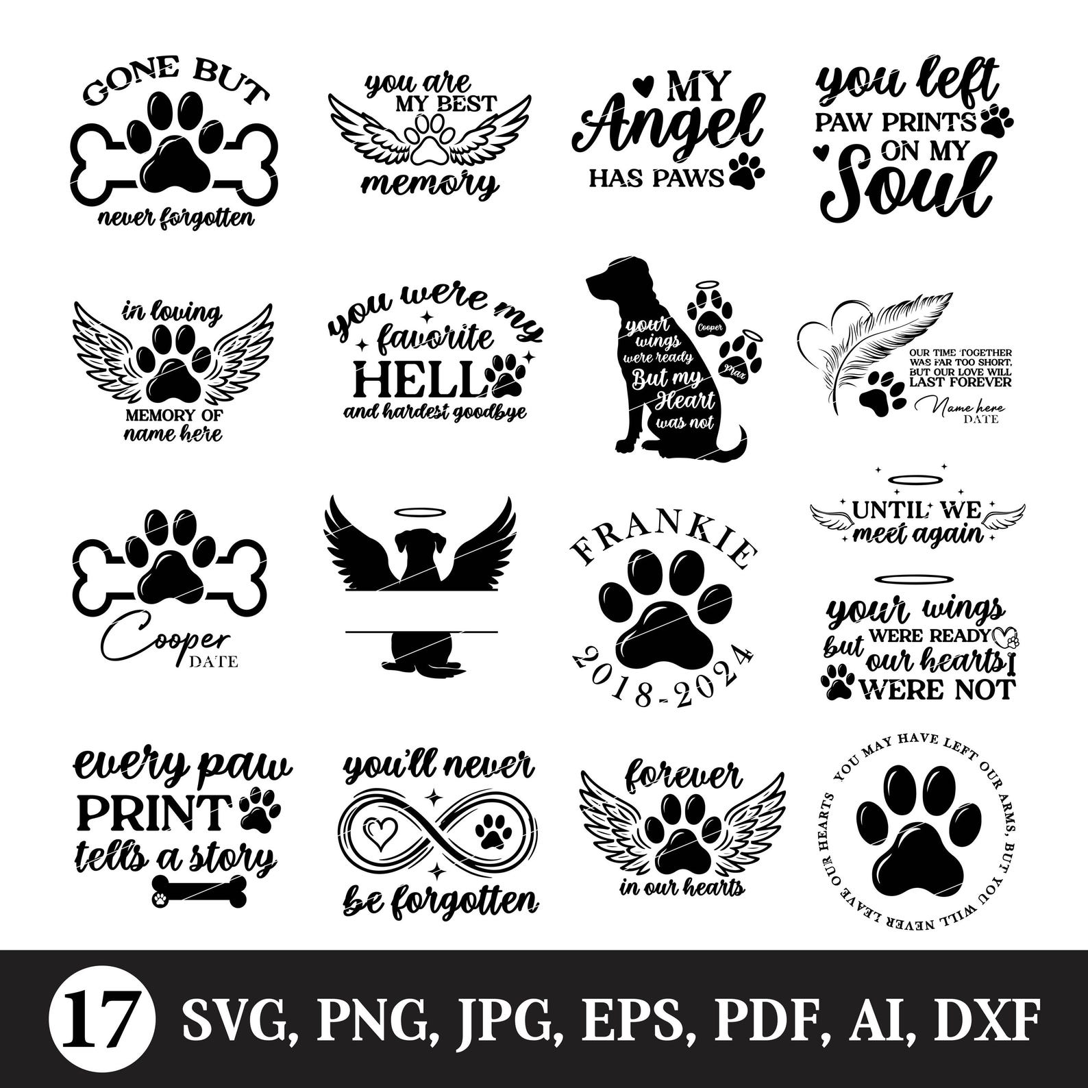 Pet Memorial SVG Bundle, Angel Wings Paw Prints, in Loving Memory PNG ...