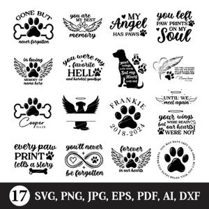 Könnte beinhalten: Eine Sammlung von 17 schwarz-weißen Gedenkdesigns für Haustiere, mit Pfotenabdrücken, Engelsflügeln und Sätzen wie "Gone But Never Forgotten". Formate: SVG, PNG, JPG, EPS, PDF, AI, DXF.