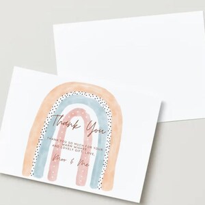 de remerciement personnalisée pour baby shower | Design arc-en-ciel minimaliste dans des tons terre | Notes de pêche neutres en matière de genre | Célébration avant la naissance