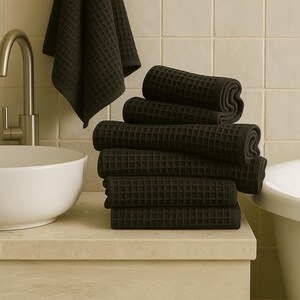 Black Waffle Towel Set, Hand and Bath Towels, 100% Cotton Soft Absorbent, Spa Quality,  Minimal Bathroom Decor