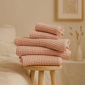 Light Pink Waffle Weave Towel Set: Organic Turkish Cotton, Absorbent Bath & Hand Towels