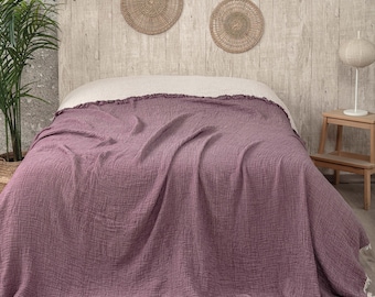Plum Muslin Bedspread: Organic Cotton Comforter, Breathable Gauze Blanket for Boho Bedding