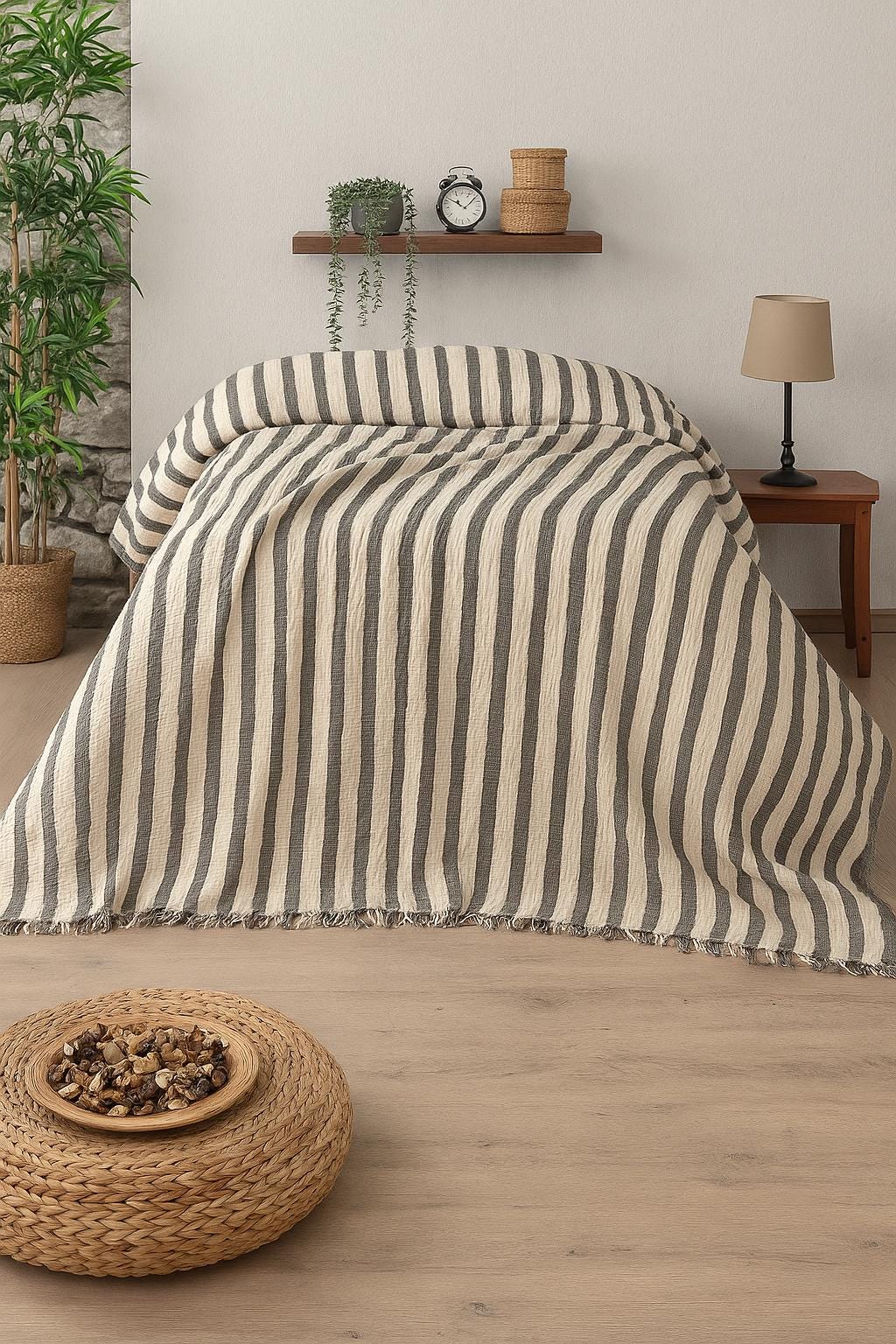 Muslin Bedspread 100% Cotton Lightweight, Soft, Striped Beige Anthracite, Breathable Handmade Blanket, Bed Cover