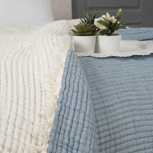Op de afbeelding: Een close-up van een bed met een witte en blauwe textuurdeken. De witte deken heeft een franjerand. Twee kleine potplanten staan op een wit dienblad op het bed.
