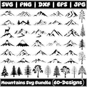 Pacchetto montagne in formato SVG, montagne disegnate a mano in formato SVG, alberi della foresta in formato SVG, montagne contorte in formato SVG, file di montagne per Cricut, per Silhouette