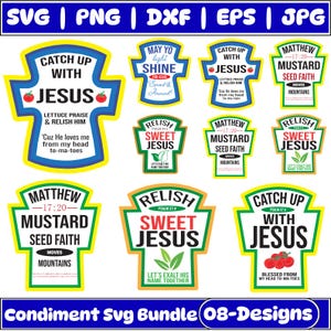 Kruiderij Svg-bundel, kruiderij met Jezus Svg, bijpraten met Jezus Svg, Relish Sweet Jesus Svg, Mayo Light Shine For Jesus Svg, Ketchup Svg