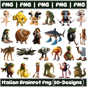 Italiaanse Brainrot Png-bundel, grappige personages, Tralalero Tralala, Bombardino Cocodrilo, Ballerina Cappuccina, Neushoorn Toasterino, Tung Sahur
