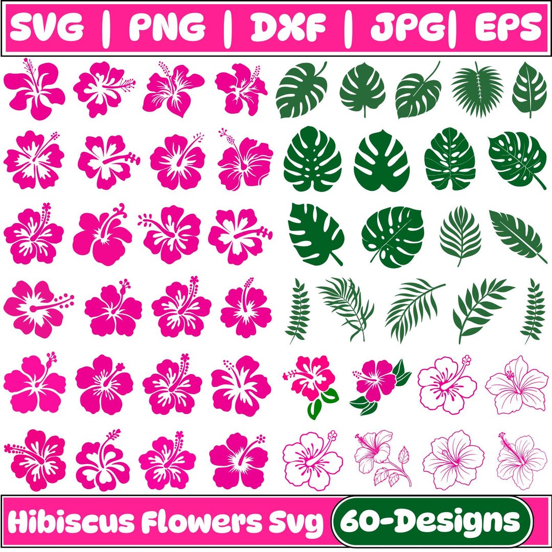 Hibiscus Flower SVG Bundle: Tropical Floral Clipart, Monstera Leaf - Etsy