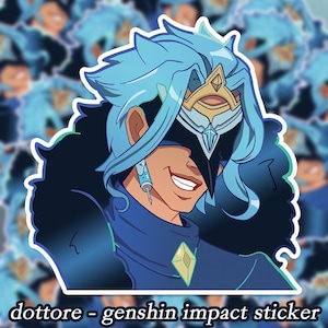 May include: A sticker featuring a character from the video game Genshin Impact. The character has blue hair and is wearing a black and blue outfit with a mask. The character is smiling and has a mischievous expression. The sticker is labelled "dottore - genshin impact sticker".