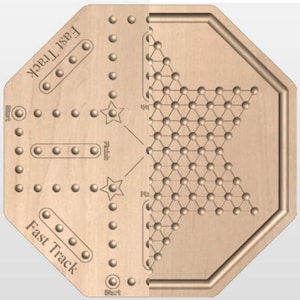 May include: A wooden Fast Track and Chinese Checkers game board. The board is light brown with engraved game elements, including star shapes, circular holes, and the words "Fast Track" and "Start". The Chinese Checkers section features a star-shaped pattern of holes.