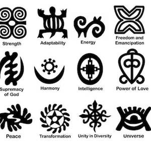 Op de afbeelding: Een verzameling van twaalf zwart-witte Adinkra-symbolen, elk met een uniek ontwerp en betekenis. De symbolen omvatten "Sterkte", "Aanpassingsvermogen", "Energie" en "Vrijheid en Emancipatie", onder andere. Elk symbool heeft een bijbehorend woord eronder.