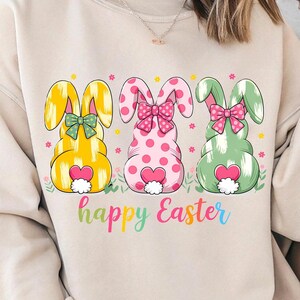Pastel Easter Bunnies PNG Cute Rabbit Trio Sublimation Design Spring Bunny Clipart Colorful Easter Digital Download Happy Easter PNG Tee