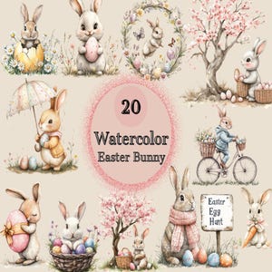 20 Watercolor Easter Bunny PNG | Cute Rabbit Clipart | Spring Sublimation & Digital Download Easter Watercolor Clipart Bundle Easter SVG