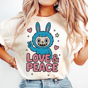 Labubu PNG Love & Peace, Kawaii Monster Clipart, Funny Bunny Shirt Design, Retro Sublimation PNG for Cricut, Cute Digital Download Labubu