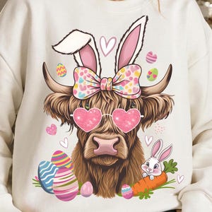 Easter Highland Cow PNG Cute Bunny Ears Cow Sublimation Design Funny Farm Animal Digital Download Spring Pastel Cowgirl Shirt Clipart Easter