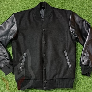Chaqueta de hombre con letras Chaqueta de cuero y lana negra Chaqueta de cuero universitaria Chaqueta de fútbol Chaqueta de lana negra con letras para hombre