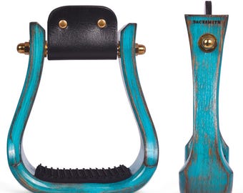 Oak Western Stirrups: Turquoise Patina, 2" Barrel Racing