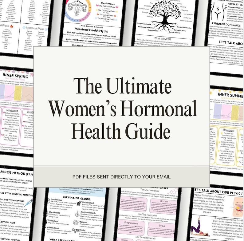 K&ouml;nnte beinhalten: Ein digitaler Leitfaden f&uuml;r die hormonelle Gesundheit von Frauen. Der Leitfaden enth&auml;lt Informationen &uuml;ber den Menstruationszyklus, die vier Phasen, g&auml;ngige Mythen und die acht wichtigsten Dr&uuml;sen. Der Leitfaden enth&auml;lt auch Informationen &uuml;ber den Beckenboden und &Uuml;bungen zur St&auml;rkung desselben. Der Text "The Ultimate Women's Hormonal Health Guide" wird in gro&szlig;en, fetten Buchstaben oben im Bild angezeigt. Der Text "PDF files sent directly to your email" wird in der Mitte des Bildes angezeigt.