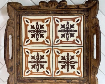 Vintage Tile & Carved Wood Tray | Hand Carved Square Serving Tray | Trivet