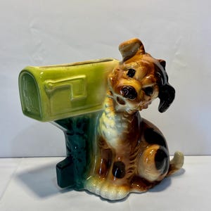 Royal Copley Ceramic Puppy Next to A Mailbox Planter