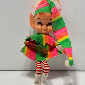 Christmas Pointy Ear Pixie Elf in Pink Green Yellow Neon Stripe Suit
