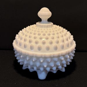 Fenton Glass White Milk Glass Hobnail Covered Candy Dish
