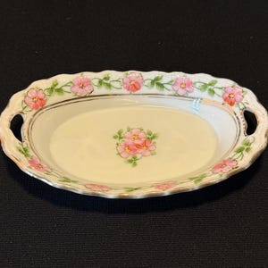 Antique Hand Painted Pink Floral Handled Nippon Porcelain trinket dish