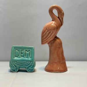 Vintage Ceramic Pink Flamingo and Blue DEM Wagon