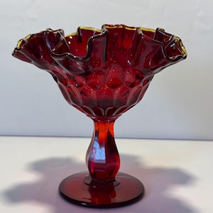 Fenton Glass Ruby Red Gold Crest Thumbprint Ruffled Edge Compote