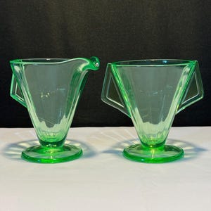 Rare! Solid Handle Art Deco Green Uranium Glass Cream and Sugar Dishes