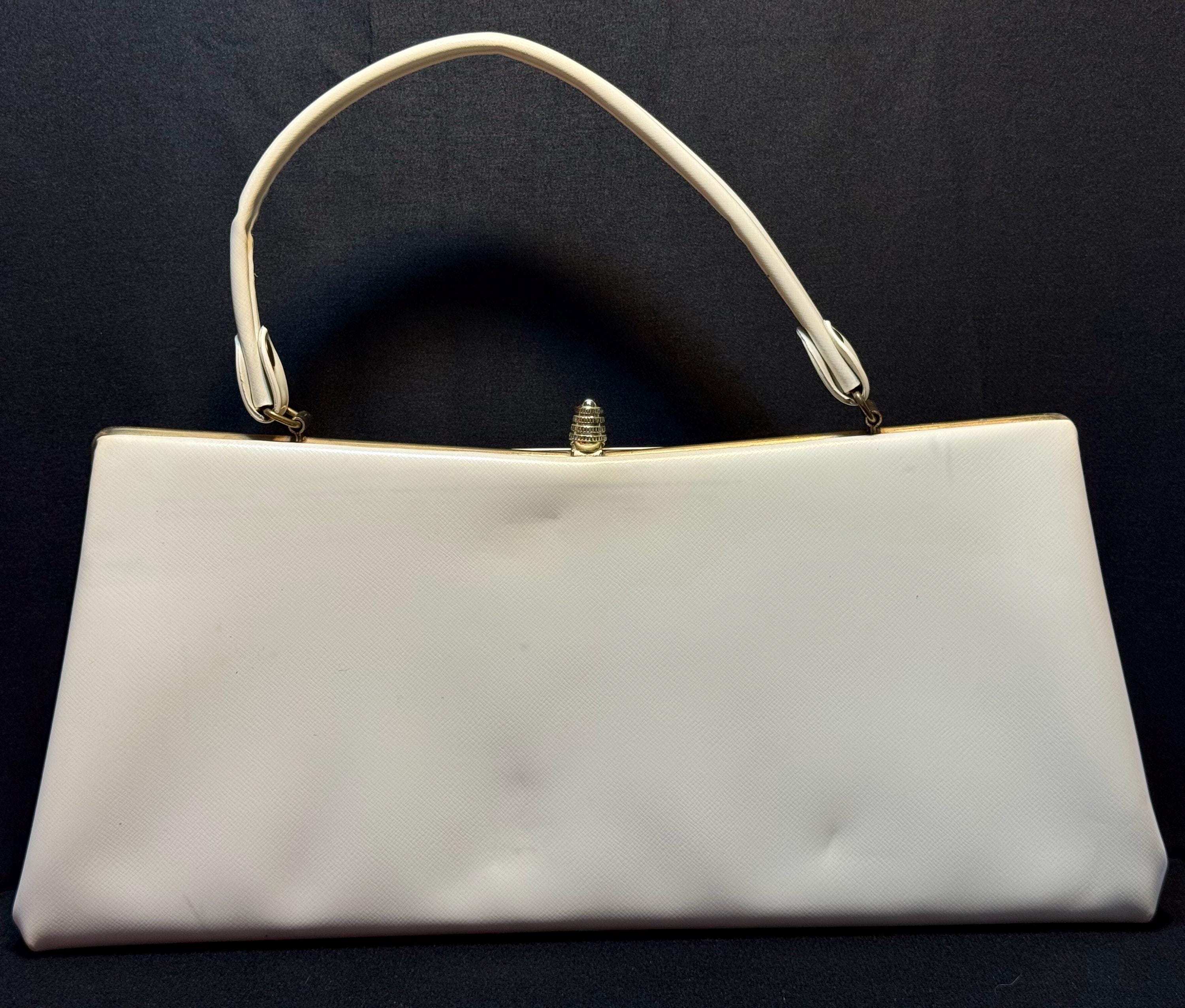 White Leather Vintage Dover Top Handle Kiss Lock Handbag - Etsy