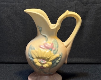 1940s Hull Yellow and Pink Ceramic Magnolia Ewer Pitcher Vase
