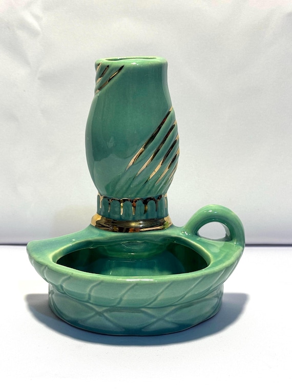 MCM Turquoise with Gold Accents Lantern Ceramic Wall Vase