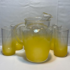 1950s Libby Glass Frosted Yellow Glass Pitcher with 6 Glasses
