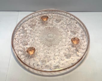 1920s US Glass Pink Shaggy Daisy Footed Glass Cake Plate