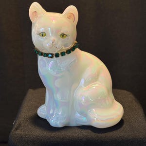 Vintage White Opalescent Fenton Glass Cat with Green Rhinestone Collar