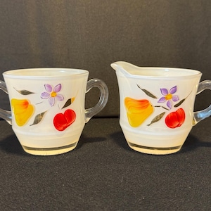 Bartlett-Collins White Glass Cream and Sugar Set Hand Painted by Gay Fad Studios