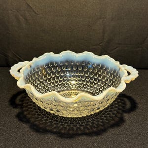 Vintage Anchor Hocking Opalescent Moonstone HandledRuffle Edge Glass Bowl