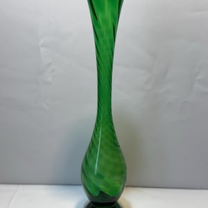 Tall Emerald Green Spiral Swirl Hand Blown Glass Vase