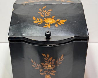 Antique Black Enamel Painted Tea Box With Hinged Lid Toleware Folkart