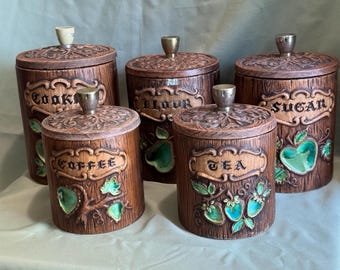 Treasure Craft Ceramic Wood Grain Green Apple 5 Piece Canister Set