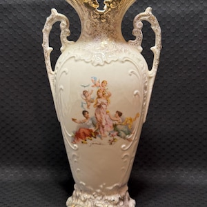 Antique Double Handle Porcelain Urn Vase With Hand Painted Cherubs