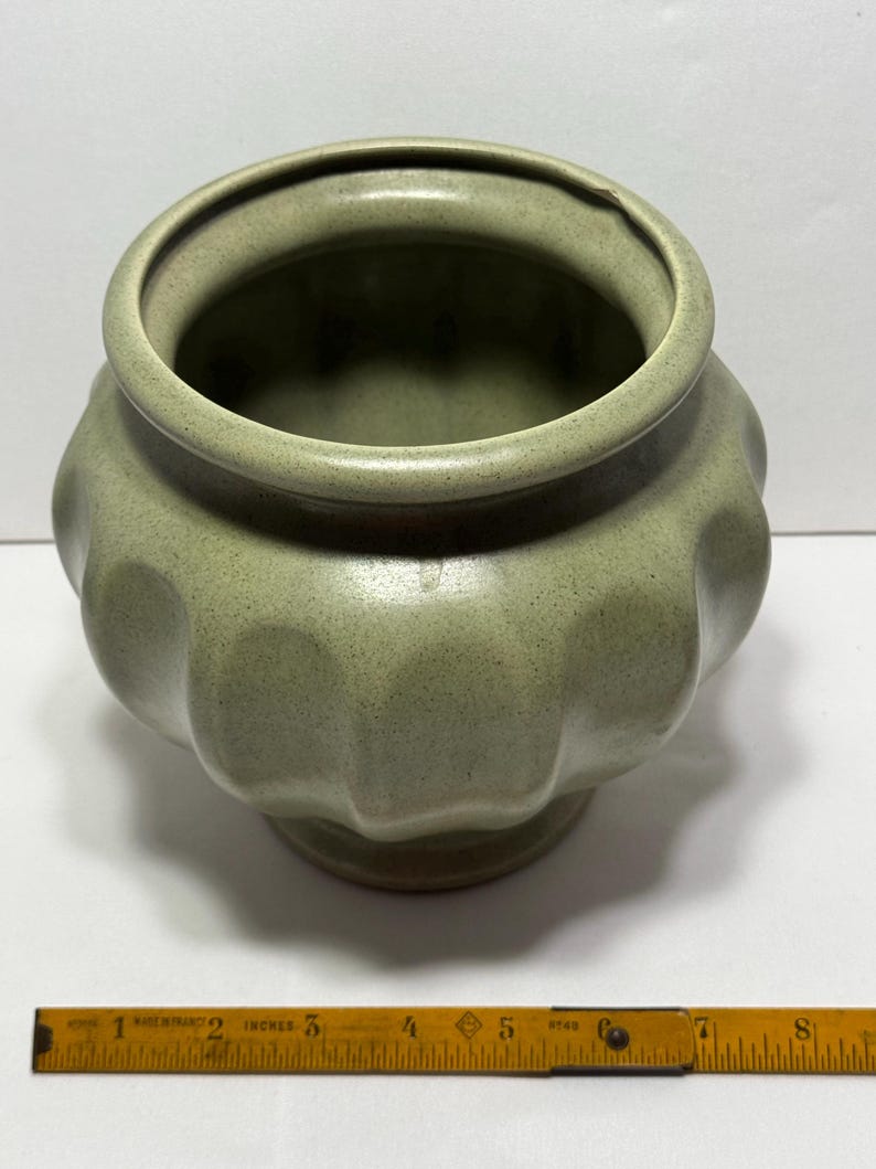 May include: A sage green ceramic pot with a textured surface and a scalloped design. The pot has a wide opening and sits on a pedestal base. The pot measures approximately 5 inches in diameter.